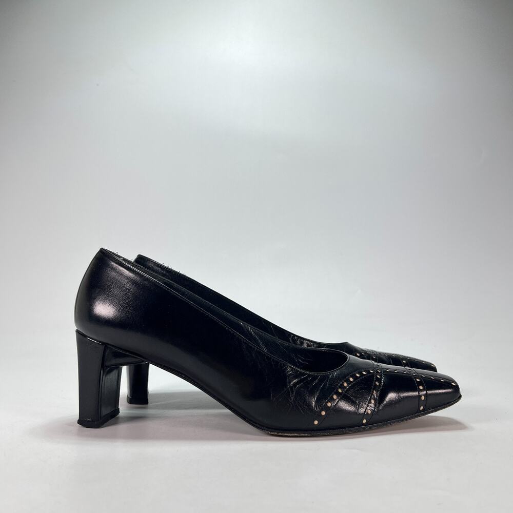 Vintage Stuart Weitzman Black Leather Square Toe Block Heel Pumps Womens Sz 7.5B